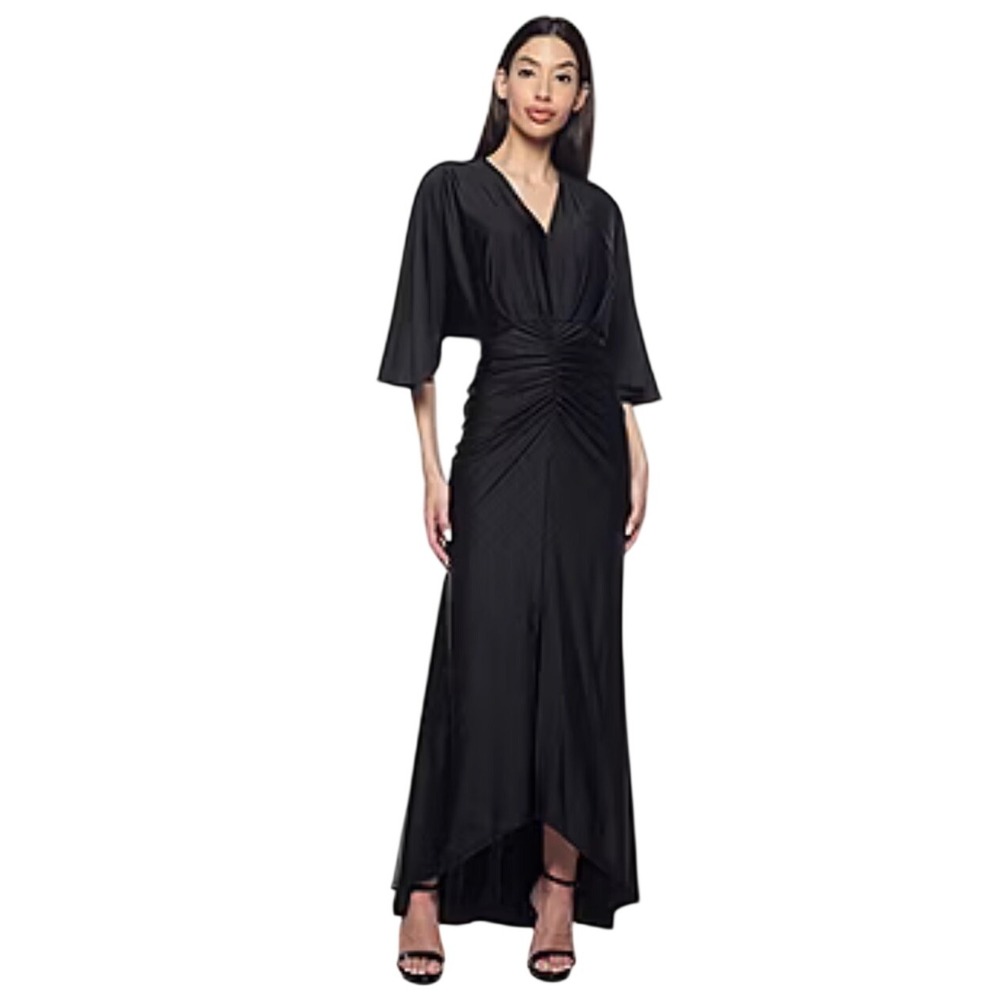 Premier Amour Black Ruched Evening Gown Stretch Satin 3/4 Sleeve Maxi Dress 6